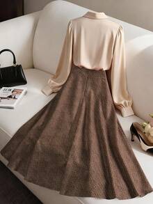 Franclia Women's Elegant Collared Crossover Loose Long-Sleeved Shirt And Plaid A-Line Skirt Two-Piece Set, Summer Outfit, Women's Summer Suit, Women's Spring Outfit, Women's Elegant Shirt, Women's Casual Top, Elegant Suit, Casual Jumpsuit, Apricot Shirt And Khaki Skirt Set.Graduation Season Attire, Fashionable Casual Commuter Wear, Business Office Wear, Versatile And Stylish Everyday Casual Wear, Urban Teacher's Professional Attire,Turkish Abaya, Arab Long Robe Fall Cloth For Women - Multicolor - View 2