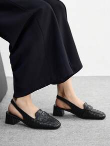 CUCCOO BIZCHIC Giày cao gót mũi vuông đế dày màu đen in nổi thời trang tối giản cho nữ, giày hở gót quai hậu cho kỳ nghỉ, đi làm, trang phục đa năng, phong cách retro - màu đen - Xem 4