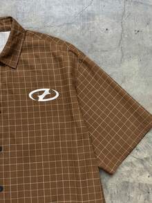 AXEPEAK 男士宽松字母格子印花短袖梭织衬衫 - 棕色 - 查看 6