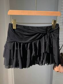 SHEIN EZwear 女式时尚不对称下摆百褶腰蛋糕裙