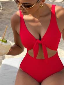 Bonvoyette 2026款优雅纯色高腰可调节肩带连体泳衣，女士春夏款 - 紅色 - 查看 1