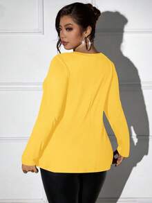 Femmeverse 春季大码纯色V领长袖休闲T恤 - 黃色 - 查看 2
