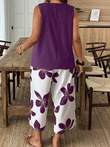 Weeklong Bộ đồ 2 mảnh phong cách nghỉ dưỡng thường ngày dành cho nữ, phối họa tiết hoa, kiểu dáng quần lửng, màu tím, thích hợp cho mùa hè. - Màu tím - Xem 2