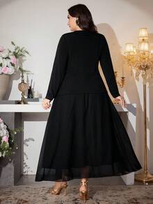 Modelyn Elegant Women's Black Long Sleeve Round Neck Plain Polyester Long Skirt Co-Ord Set With Contrast Mesh Detail Long Sleeve Elegant Dress - Black - View 2