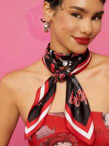 Betty Boop x SHEIN Fashion Lady Black Smooth Soft Square Scarf, Suitable For Gifts Outdoor Travel Photography Style Matching,Gift Ideas,Party,Holiday,Valentine's Day - Multicolor - View 8