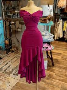 NostaNoir 女士性感优雅扭结露肩紧身连衣裙 - 玫紅色 - 查看 1