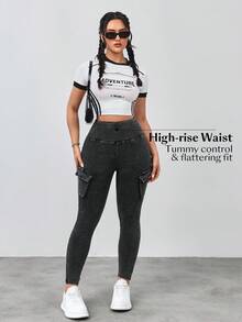 SHEIN FlexDen Women's Casual Washed High Waist Slim Fit Cargo Jeans - Black - View 7