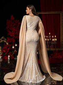 Glamrae Plus Size Elegant Romantic Apricot Deep V Luxury Beaded Chiffon Flounce Inlaid Sequins Decor Mermaid Hem Formal Evening Gown - Apricot - View 5