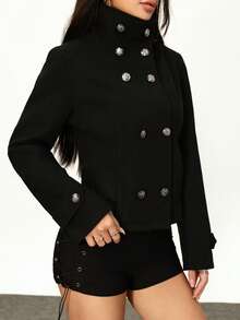Rina Fox 女士黑色双排扣金属纽扣高领长袖短款休闲外套，适合新年、感恩节、派对、办公室等场合穿着。 - 黑色 - 查看 1