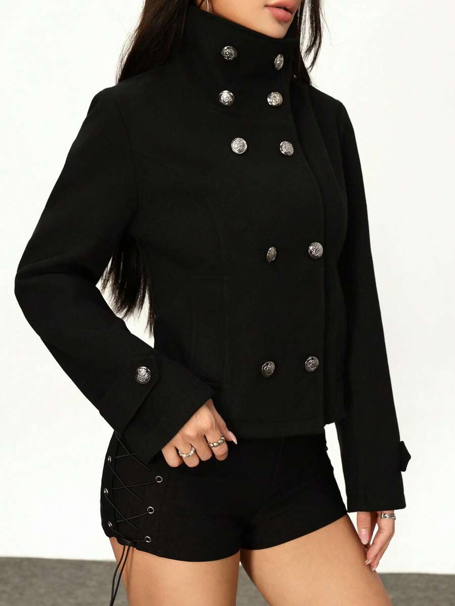 Rina Fox 女士黑色双排扣金属纽扣高领长袖短款休闲外套，适合新年、感恩节、派对、办公室等场合穿着。 - 黑色 - 查看 1