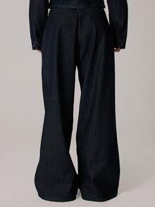 MUSERA 低腰纽扣腰部细节褶裥阔腿牛仔裤套装，仅限牛仔裤，休闲可爱，秋冬舒适居家休闲，Coco Cloud - 藏蓝色 - 查看 4