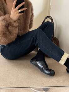 DAZY 女士高腰紧身牛仔裤，弹力修身保暖九分牛仔裤，秋冬季 - 深色水洗藍 - 查看 5