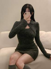 DAZY 女士圆领无袖针织连衣裙和镂空长袖针织上衣 - 灰色 - 查看 6