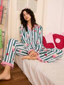 Chillnights Conjunto de pijama de mujer de manga larga con cuello de contraste, estampado de labios a rayas y estampado de taza de jugo de cereza - Multicolor - Ver 1