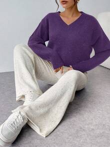 Firerie Women's Purple V Neck Drop Shoulder Sweater Casual Plain Rib-Knit Pullover Knitwear - Purple - View 6