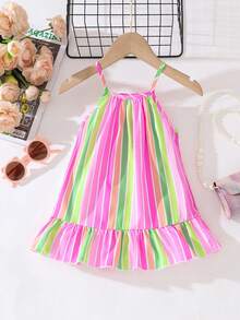 SHEIN Playful Pals 女婴休闲可爱多色条纹印花梭织连衣裙，夏季 - 彩色 - 查看 2