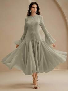 Anewsta 优雅乳白色长袖喇叭连衣裙，带纽扣喇叭袖 - 淡綠 - 查看 4