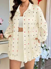 Vionelle Plus Size Women Valentine's Day Heart Print Ruffle Hem Long Sleeve Blouse, Spring/Autumn - Apricot - View 4