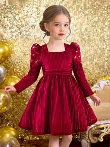 Young Girl Ruched Square Neck Waist Puff Sleeve Beaded Christmas Dress, Elegant And Fashionable For Parties, Birthdays Or Everyday Wear - Red - View 6