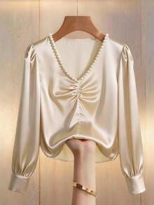 SHEIN Franclia Glossy Satin Fabric Minimalist Casual Elegant V-Neck Blouse, Collar With Pearl Beads - Apricot - View 1