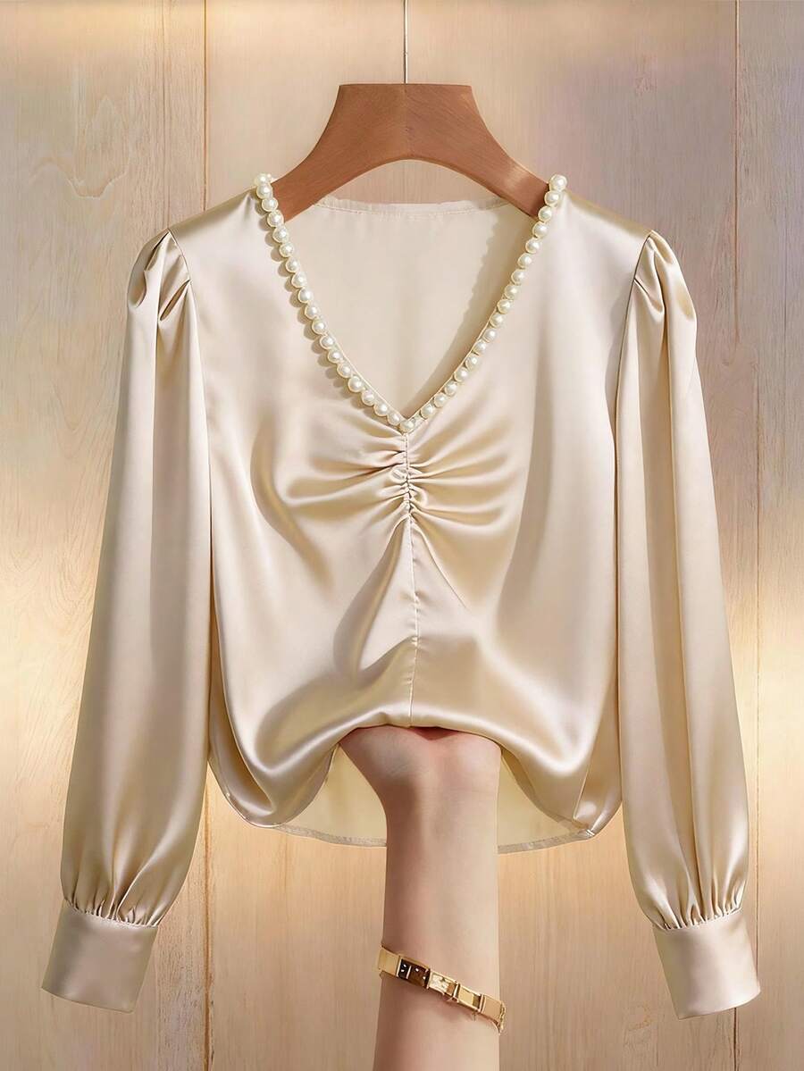 SHEIN Franclia Glossy Satin Fabric Minimalist Casual Elegant V-Neck Blouse, Collar With Pearl Beads - Apricot - View 1