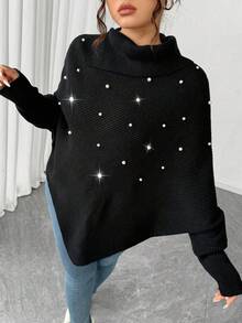 Elenzga Plus Size Women Winter Asymmetrical High Neck Long Sleeve Fashionable Sexy Pearl Solid Pullover Sweater - Black - View 5