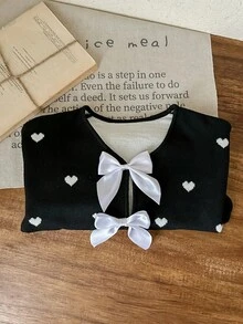 SHEIN LMoss Kids Young Girl Cute Versatile Heart & Bow Knitted Cardigan, Autumn/Winter - Black and White - View 5