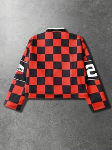 ROMWE MEN Street Life Áo nỉ chui đầu nam, Áo nỉ polo in họa tiết ô vuông phong cách Street American Daily - Đỏ - Xem 2