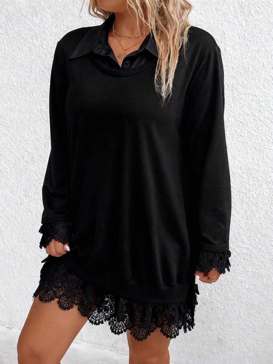 EMERY ROSE Sudadera informal de talla grande con parches de encaje de unicolor, otoño - Negro - Ver 1