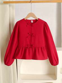 Firerie Kids 少女春夏新款红色编织灯笼袖可爱蝴蝶结衬衫，适合情人节、母女装、姐妹装，红色上衣 - 紅色 - 查看 6