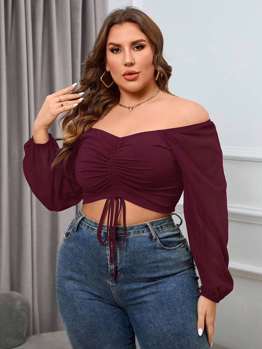 SHEIN Essnce Áo croptop tay lỡ lệch vai màu trơn thời trang cỡ lớn cho nữ, thời trang, có dây rút - Màu Hoa hồng đỏ - Xem 1