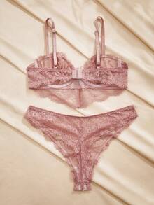 Charlaine 蕾丝拼接3/4罩杯钢圈文胸内裤套装，浪漫法式风格，优雅精致，女士内衣 - 藕粉色 - 查看 2