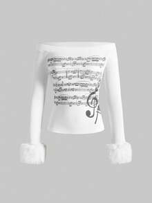 ROMWE J-Fashion Y2K复古千禧亚文化露肩音符印花长袖T恤 - 白色 - 查看 1