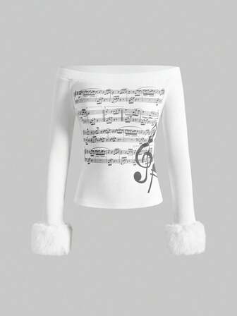 J-Fashion T-shirt à manches longues avec imprimé de notes de musique à épaules dénudées, style rétro Y2K de la sous-culture du millénaire