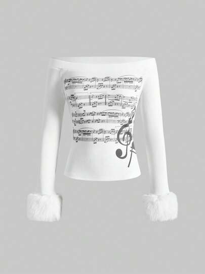 J-Fashion Camiseta de manga larga con estampado de notas musicales y hombros descubiertos, estilo retro Y2K de la subcultura del milenio