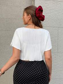 SHEIN EZwear 女性大尺碼純色紋理綁帶t恤 - 白色 - 查看 3