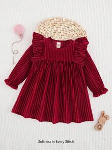 Cozy Pixies Baby Girl Solid Color Knitted Soft Round Neck Ruffle Hem Waist Dress - Burgundy - View 3