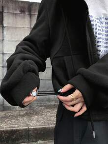 FRIFUL 女士休闲纯色拉链口袋夹克，秋冬季 - 黑色 - 查看 5