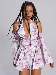 TypaGal Y2K Edgy Chic Urban Bold Modern Rebel Sparkle Wild Sexy Stylish New Year Winter Summer Pink Leopard Print Cowl Neck Loose Cuffs Long Sleeve Halter Neck Women Mini Dresses - Pink - View 4