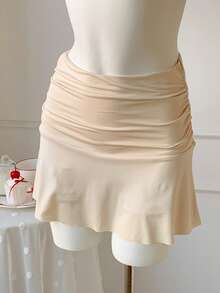 Comfortcana 夏季卡其色 Y2k 纯色褶皱荷叶边下摆半身裙迷你裙 - 卡其色 - 查看 3