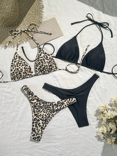 Swim Vcay Conjunto de bikini de tiras finas con estampado de leopardo y negro, ropa de playa de primavera para mujer