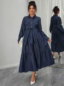 SHEIN Maternity Long Sleeve Button Half Placket Ruffle Hem Casual Denim Dress