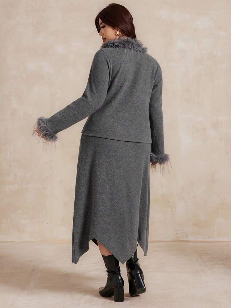 Dazy Plus 2pcs/Set Plus Size Women Elastic Fitted Long Sleeve Top & Skirt With Faux Fur Collar, Autumn/Winter