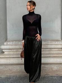 Pantalones sueltos de cintura elástica de unicolor para mujer - Albaricoque - Ver 11