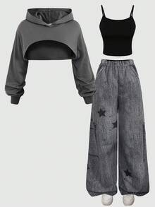 Girlism 三件套少女连帽衫、印花吊带背心和休闲裤套装 - 彩色 - 查看 5