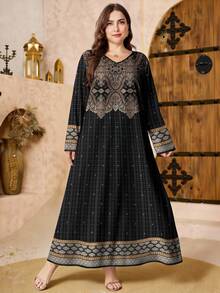 SHEIN Najma 大码女式复古大马士革图案数码印花V领长袖优雅阿拉伯风格长款连衣裙，春季