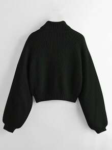 ROMWE Hippie Suéter con cuello alto, mangas farol y estampado, Top de manga larga - Negro - Ver 2