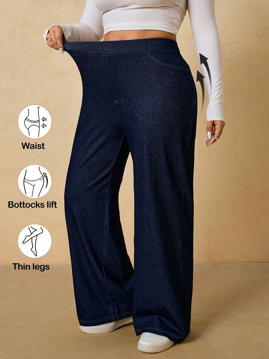 SHEIN Tall CURVE Zima Lato Plus Size Jednolity kolor Swobodne Wygodne Rozciągliwe Dzianiny Niebieskie Sprane Dżinsy Proste Nogawki - Ciemny jeans - Zobacz 1