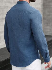 Manfinity CasualCool 男士立领单排扣休闲百搭通勤长袖衬衫 男士亚麻衬衫 男士纹理衬衫 蓝色衬衫 男士休闲衬衫 蓝色设计师衬衫 - 藍色 - 查看 2