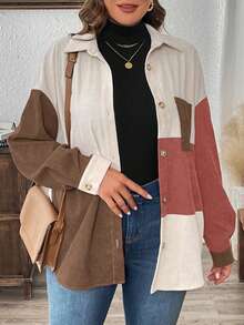 SHEIN LUNE Camisa casual holgada de pana con patchwork de tallas grandes - Multicolor - Ver 1